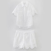 Casual Hollow Out Cutout Embroidered Shirt Shorts Suit